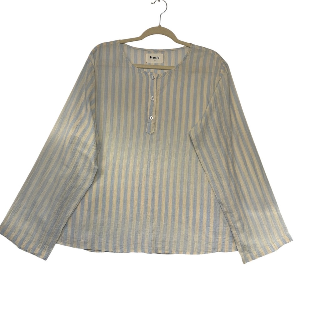 Pietsie Basque‎ Blue Cream Striped Cotton Linen Henley Long Sleeve Top Large